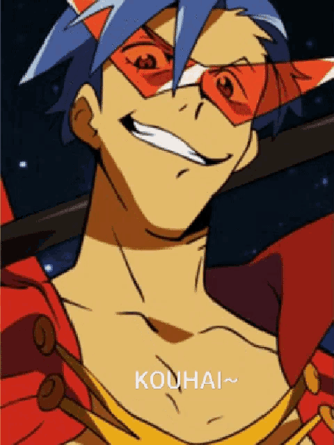 a close up of a cartoon character with the word kouhai written on the bottom