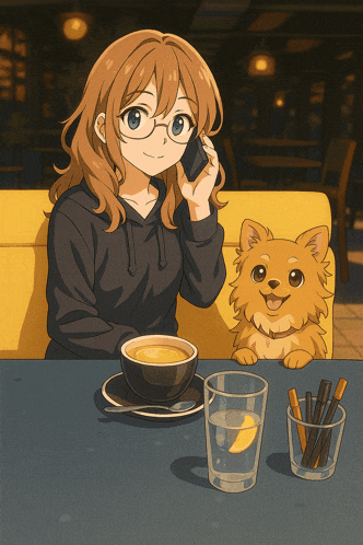 a girl with glasses sits at a table with a cup of coffee and a dog
