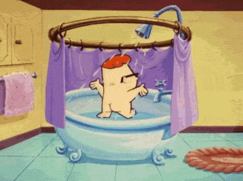 a cartoon character is taking a bath under a shower curtain in a bathroom .