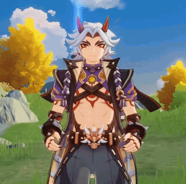 a cartoon character with horns is standing in a field with trees in the background .