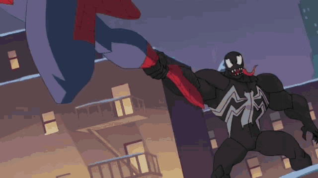 a cartoon of venom standing on a building with his arms in the air