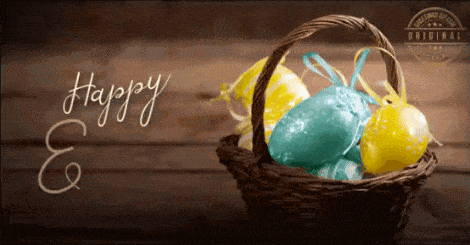 a wicker basket filled with easter eggs and the words happy and original