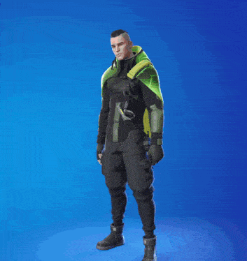 a man in a green suit and headphones is dancing on a blue background