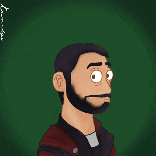 a cartoon drawing of a man with a beard and a green background with the letters k and m on it