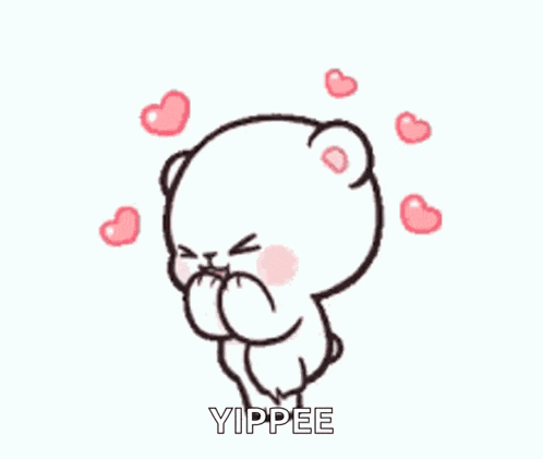 a cartoon bear is blowing a kiss with hearts surrounding him .