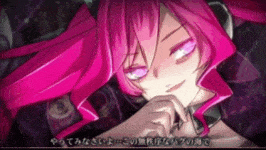 a girl with pink hair and purple eyes is making a face