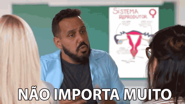 a man with a beard is talking to two women in front of a poster that says sistema reproductor