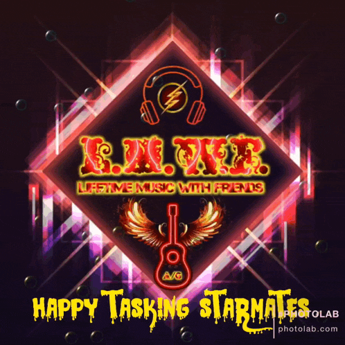 a poster that says happy tasking starmates with a guitar and headphones on it