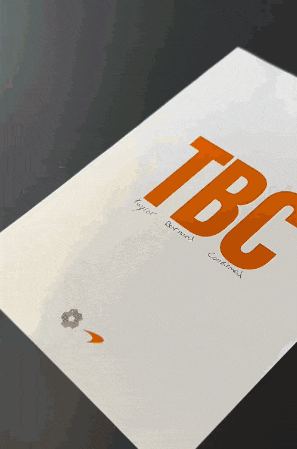 a piece of paper with the word tbc in orange