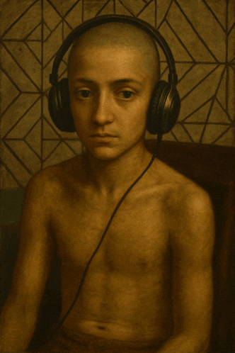 a painting of a boy wearing headphones with a geometric background