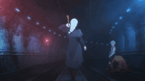a woman in a trench coat is holding a knife in a dark tunnel