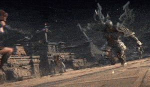 a video game scene with a monster and a woman fighting
