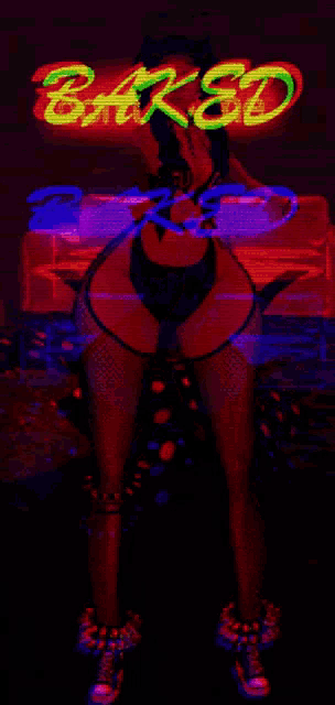 a woman is standing in front of a neon sign that says bared