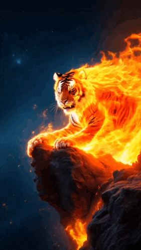 a tiger is sitting on a rock in flames