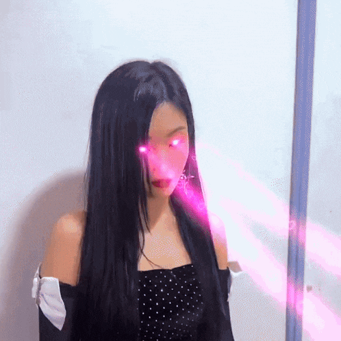 a woman with long black hair and pink eyes