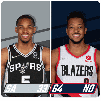two basketball players with one wearing a spurs jersey and the other a blazers jersey