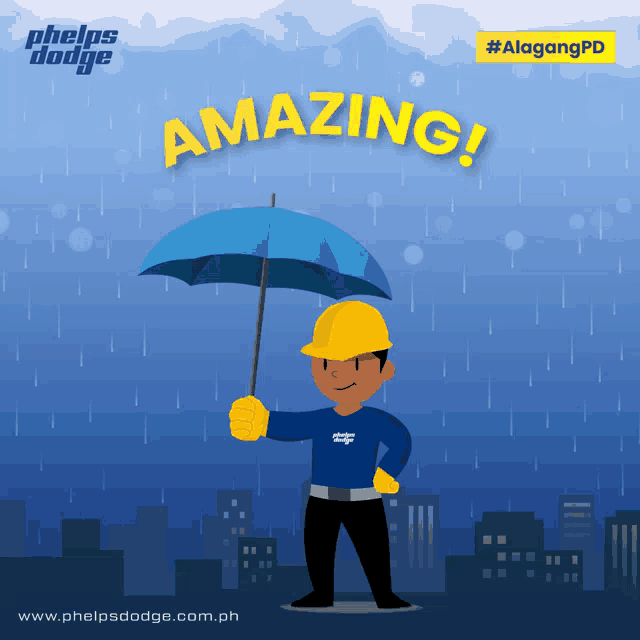 an advertisement for phels dodge shows a man holding a blue umbrella in the rain