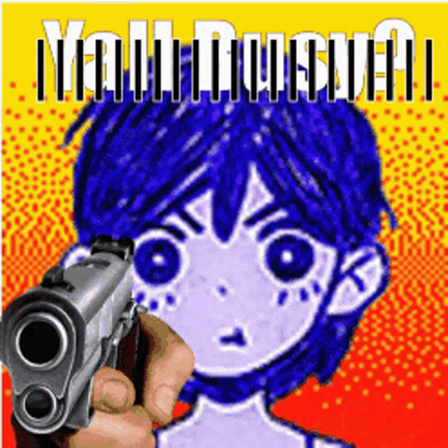 a person is holding a gun in front of a blue haired girl with the words yeah noodles written on the bottom