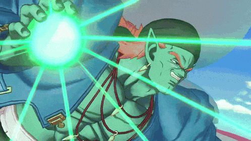 a cartoon character has a green light coming out of his hand