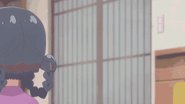 a girl with a braided ponytail is standing in front of a door