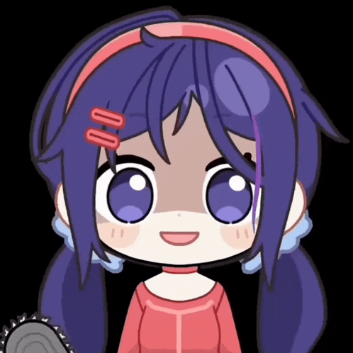 a cartoon girl with purple hair and a red shirt is smiling
