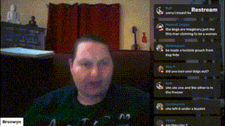 a woman is talking on a video call with the name bronwyn on the bottom of the screen