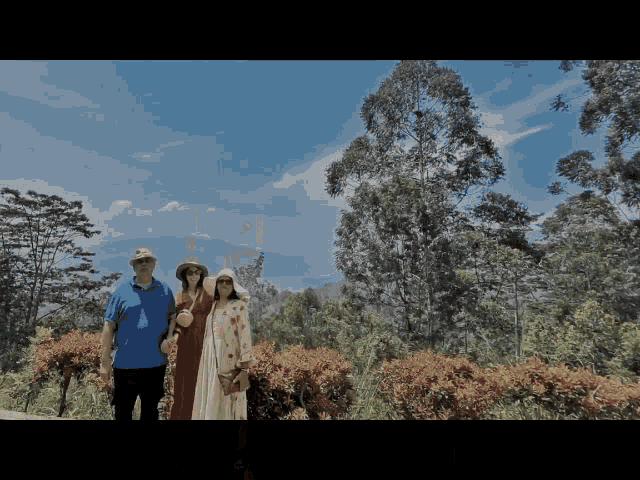 three people posing for a picture in front of trees and mountains