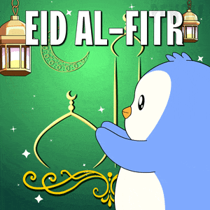 a penguin is standing in front of a green background that says ' eid al-fitr ' on it