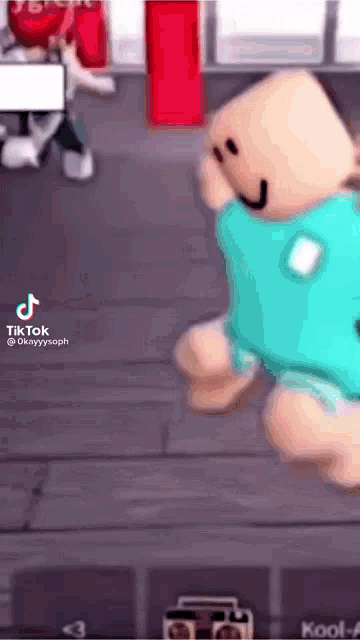 a teddy bear in a blue shirt is dancing in a room in a video game .