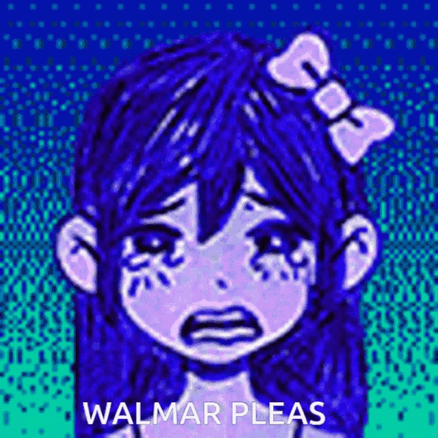 a girl with blue hair and a bow in her hair is crying with the words walmar pleas written below her