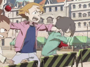 a group of cartoon characters are fighting over a yellow and black barrier