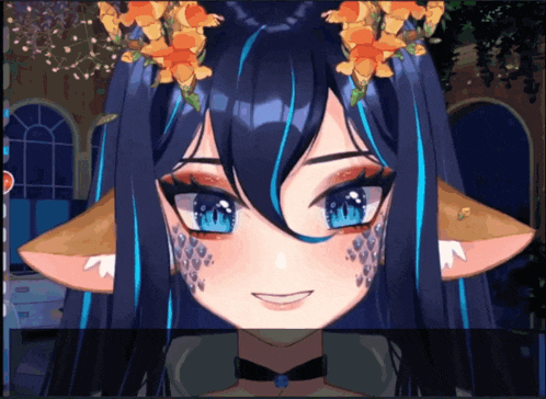 a close up of a anime character with blue eyes