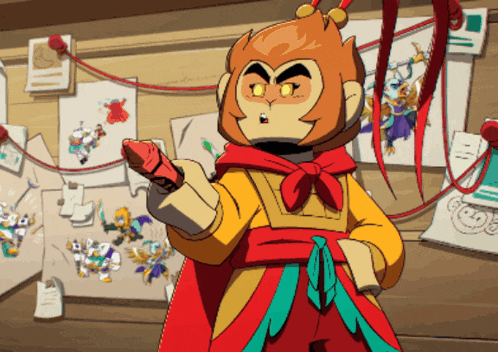 a cartoon character is standing in front of a bulletin board with drawings on it