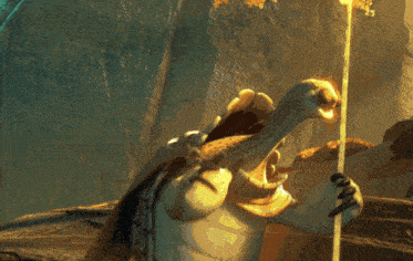 a cartoon turtle is holding a stick with the words " dimooh " written on it