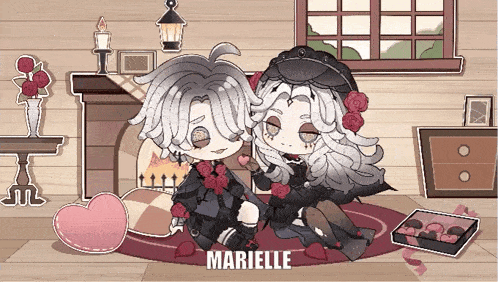 a couple of anime characters sitting next to each other with the name marielle on the bottom
