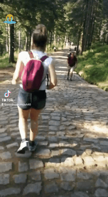 a woman with a backpack is walking down a stone path .