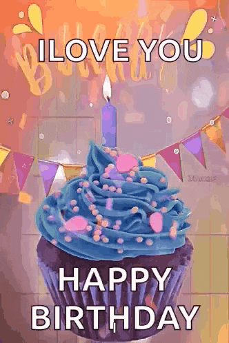 a birthday card with a cupcake with blue frosting and a candle on it .