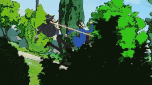 a cartoon of two men fighting in a park with trees