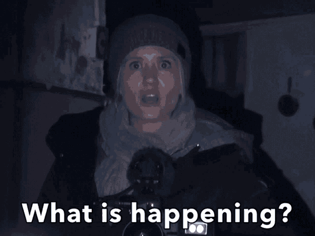 a woman in a gray hat and scarf is holding a camera and asking " what is happening "