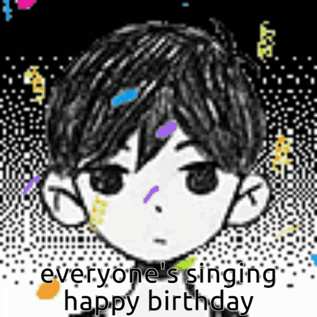 a pixel art of a boy with the words `` everyone 's singing happy birthday ''