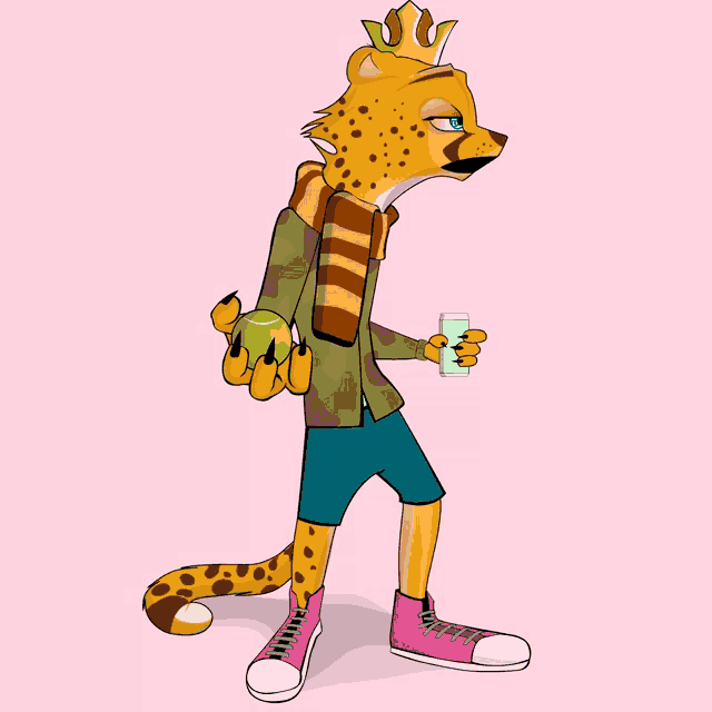 a cartoon cheetah with a crown on his head holding a tennis ball and a glass of water