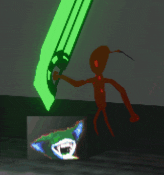 a drawing of a monster holding a sword next to a green door