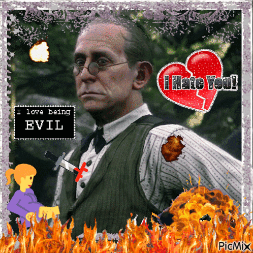 a picture of a man with a knife in his chest and the words i love being evil