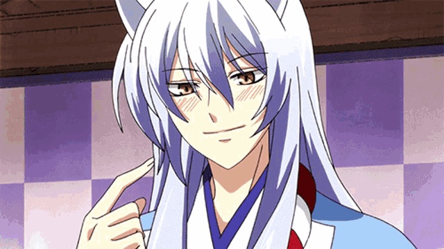 a cartoon character with long white hair and cat ears giving a peace sign