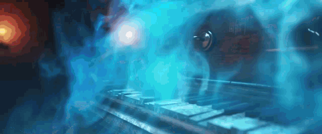 a close up of a piano with blue smoke coming out of it .