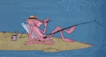 a pink panther is fishing on a small island