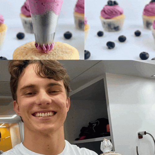 a man is smiling in front of cupcakes with purple frosting and blueberries