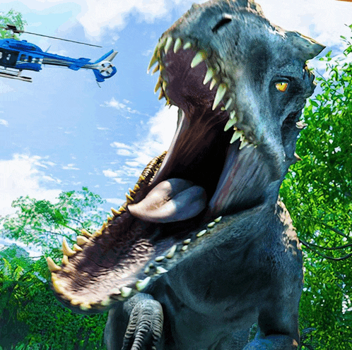 a blue helicopter flies over a dinosaur with its mouth open