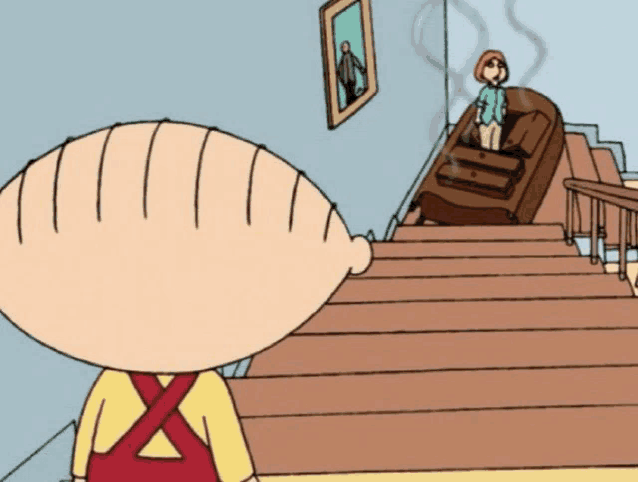 a cartoon character is standing on a set of stairs looking at a woman sitting on a couch