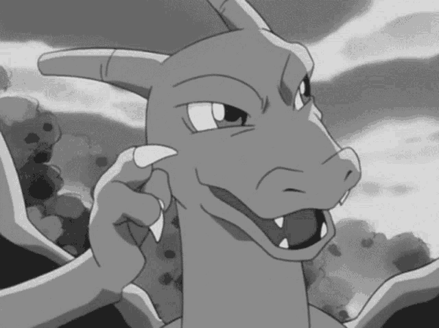 a black and white drawing of a dragon with its mouth open and sharp teeth